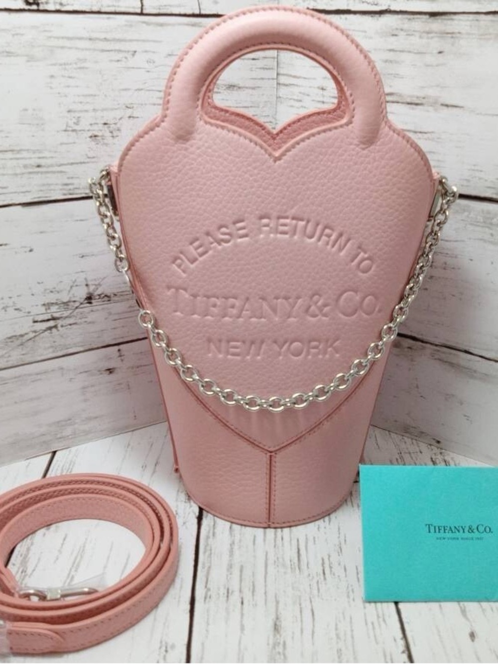 Tiffany & Co. Blush Pink Leather Bucket Crossbody with Silver Chain